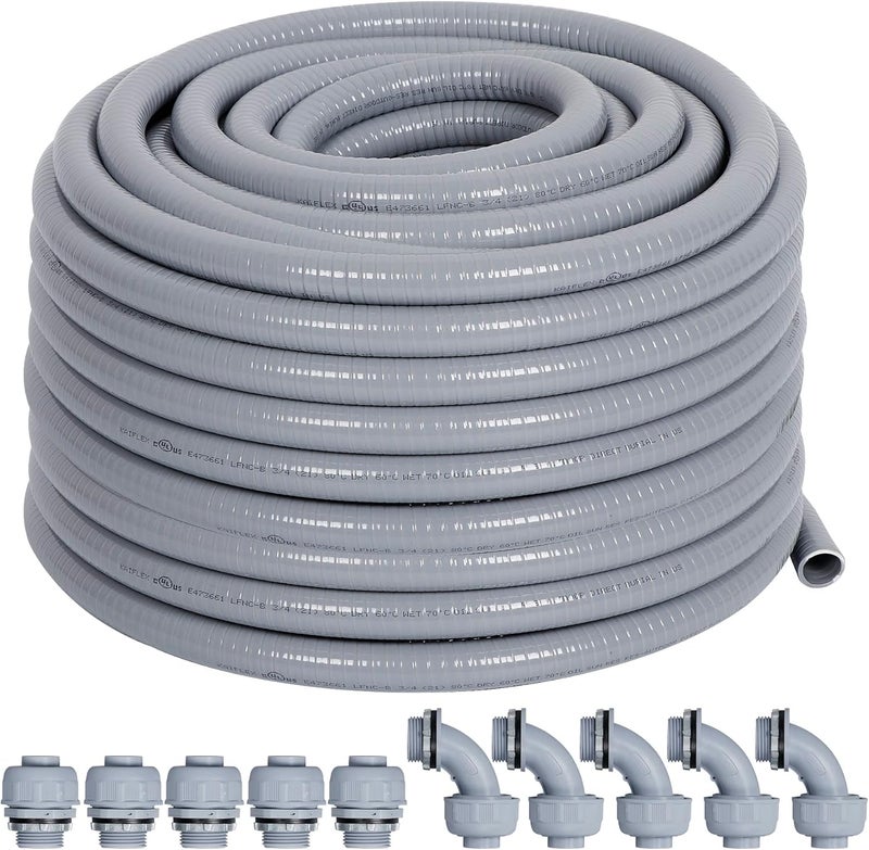 Neorexon Liquid-Tight Conduit 50 ft and 10 Pieces of Connector Kit, Electrical Conduit 1/2 50ft w/UL Certification, Flexible Conduit with 5 Straight and 5 90-Degree Conduit Connector Fittings - Image 1